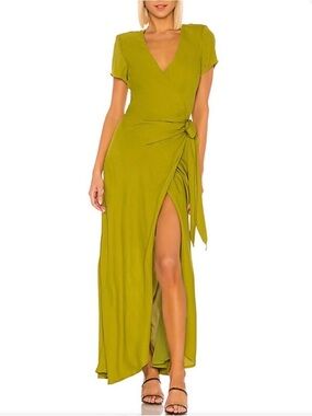 LPA Kian Dress in Kermit Green; Wrap Maxi Dress with Side Knot